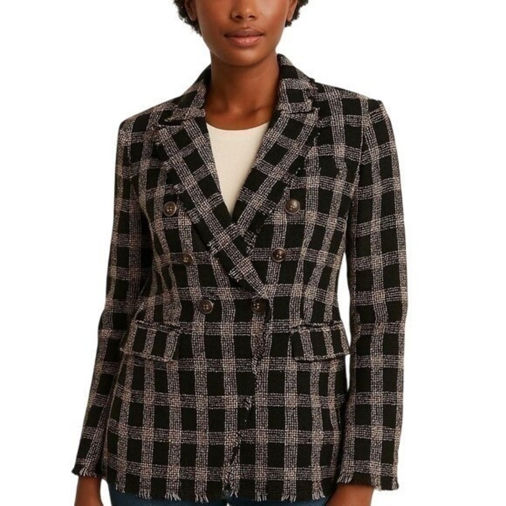 FATE Tweed Check Double Breasted Blazer M Black Pink Gold Old Money‎ Preppy